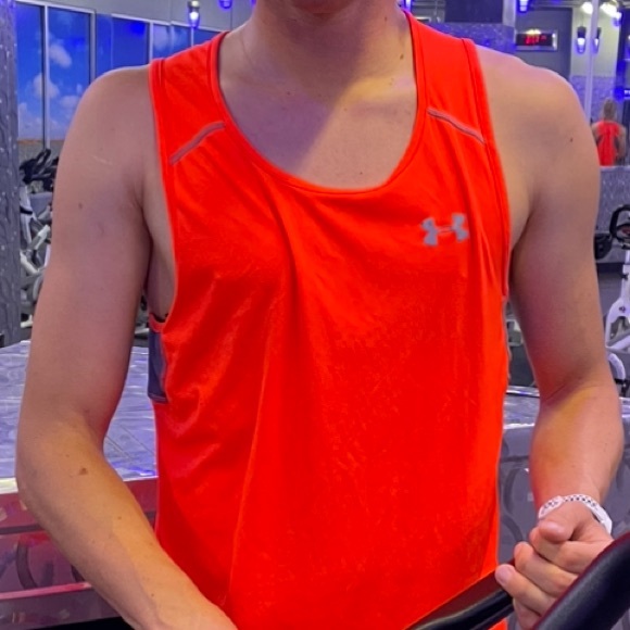 UNDER ARMOUR MEN NEON ORANGE REFLECTIVE SILVER HEATGEAR TANK TOP VEST SHIRT JOCK - Picture 7 of 15